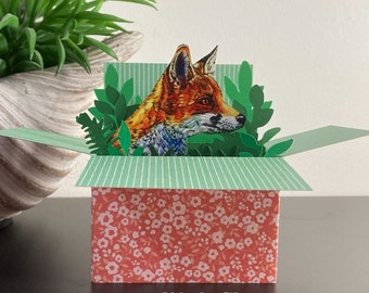 Red Fox Card. Blank or personalised 3D box card; Birthday, Mother’s Day, Easter, Father’s Day, Christmas card. Gift card holder.