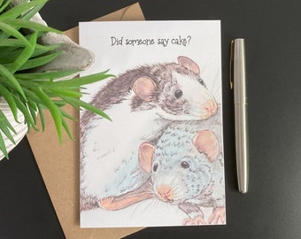 Fancy rats card. Did someone say cake? Handmade blank birthday or celebration card. Funny card for rat lover.