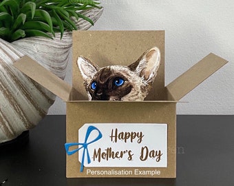 Siamese Cat Card. The Original Cat in a Box Card. Blank or Personalised; birthday, Mother’s day, Father’s Day, Christmas. Gift card holder.