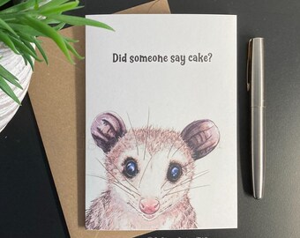 Carte Opossum - Vous avez dit gâteau ? Carte d'anniversaire ou de fête faite main. Carte d'opossum amusante pour les amoureux de la nature.