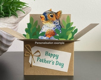 Squirrel Card. Personalised 3D box card for; Birthday, Mothers or Fathers Day, thank you, Christmas. Gift card holder.