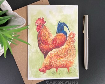 Chicken Art Card. Blank or Personalised: birthday, Mother’s Day, Father’s Day, etc, rooster, cockerel, hen card.