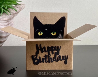 Black Cat Happy Birthday Card. The Original Cat in a box card. Can add your message, or gift card holder and send direct.