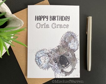 Koala Card. Blank or personalised koala art card; birthday, thank you, Mother’s Day, Father’s Day, Christmas perhaps.