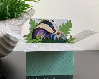 Badger Card. 3D Box Card Blank or Personalised; birthday, Mothers Day, Fathers Day, Wedding, Anniversary. Badger Gift card holder.