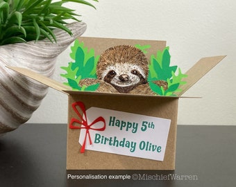 Sloth Card. 3D Personalised box card; Birthday, Thank you, Mother’s Day, Father’s Day or Christmas. Gift card holder.