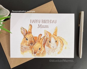 Rabbit Art Card. Blank or Personalised for; Birthday, Easter, Mother’s Day, Father’s Day or Christmas perhaps. Rabbit triplets.