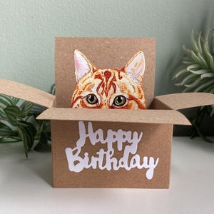May include: A brown cardboard box with the words "Happy Birthday" in white script. A watercolour illustration of a ginger cat's head peeks out from the box, with its eyes visible.