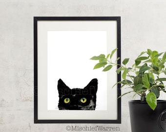 Black Cat Art Print from my watercolour painting. Handmade wall art picture gift for black cat lover in A4 or 10” x 8”.