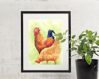 Rooster + Hen Farmhouse Decor Art Print from my Watercolour Painting. Cockerel + Chicken Lover gift.