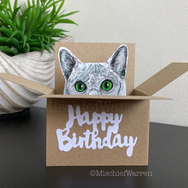 Grey Cat Happy Birthday Card. The Original Cat in a box card. Can add your message and sent direct. Gift card holder.