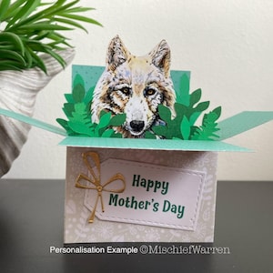Karte Weißer Wolf. Leere oder personalisierte 3D-Karte für; Geburtstag, Muttertag, Vatertag, Danke, Weihnachten. Geschenkkartenhalter.