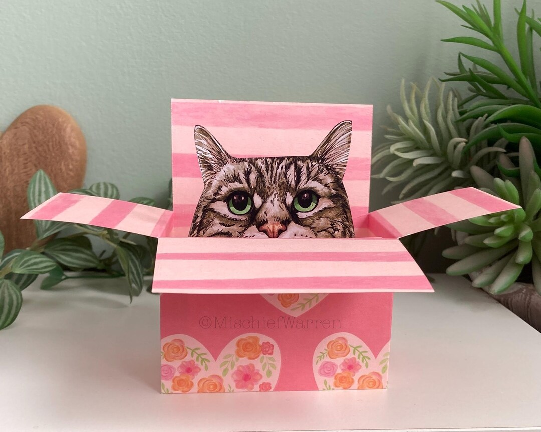 Grey Tabby Cat in a Box Card; Personalised for Valentines, Wedding ...