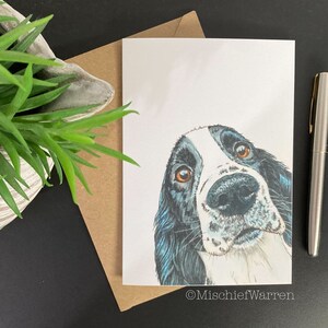Carte d'art noir + blanc chien épagneul. Fait main, blanc + peut être personnalisé pour toutes les occasions pour les amateurs de springers ou de cockers.