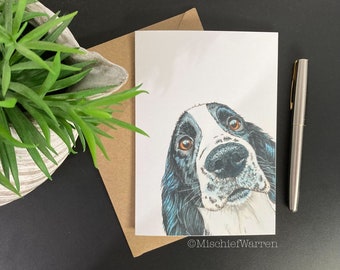 Black + white Spaniel Dog Art Card. Handmade, blank + can be personalised for any occasion for Springer or cocker spaniel lover.
