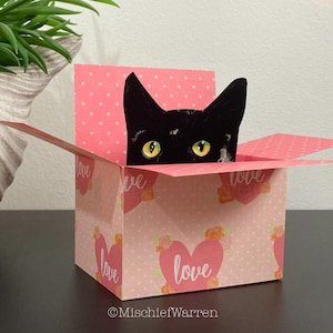 Carte de chat noir. Le chat original dans une boîte. Saint-Valentin, anniversaire, fête des mères ou mariage, porte-cartes cadeau 3D d'anniversaire. Personnalisé.