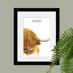 Lámina artística de vaca de las Tierras Altas: Pintura en acuarela de vaca escocesa. Tamaño A4 o 10x8. imagen 3