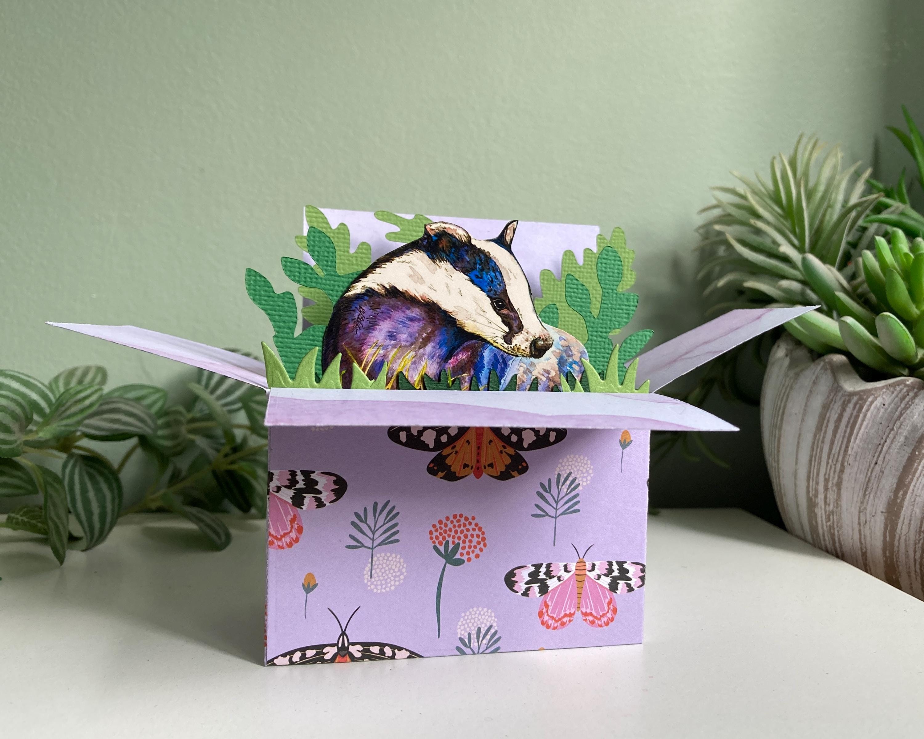 Badger Card; 3D Box Card Blank or Personalised. Birthday, Mothers Day, Wedding, Anniversary. Gift card holder for wildlife lovers.
