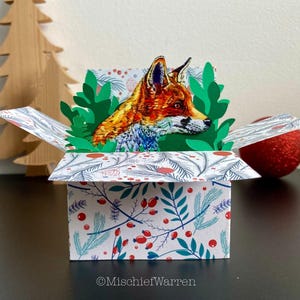 Carte de Noël renard. Carte boîte unique. Porte-cartes cadeau de Noël 3D. Personnalisé. Envoyez directement.