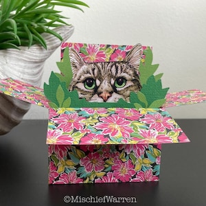 Carte de chat tigré. Carte boîte 3D, vierge ou personnalisée pour ; Anniversaire, fête des mères ou des pères, mariage, anniversaire. Porte-cartes cadeau.