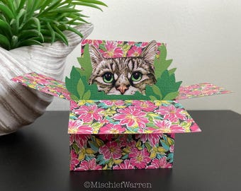 Tabby Cat 3D Box Card: Personalised Floral Gift Card Holder