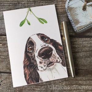 Spaniel-Weihnachtskarte. Springer Weihnachtskarte für Arbeits Cocker Spaniel Weihnachtskarte. Braun-weiß leberfarben. Schick direkt.