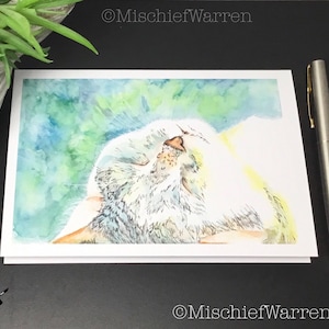 Carte d'art chat blanc. Personnalisé pour toutes les occasions, de l'anniversaire à Noël. Carte vierge aquarelle pour amoureux des chats. Peut envoyer directement.