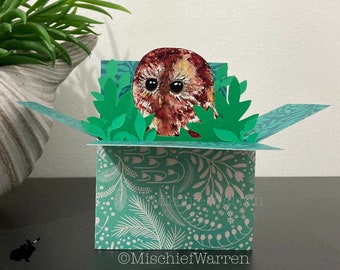 Owl Blank 3D Box Card. Blank or personalised for; Easter, birthday, Mothers Day or Fathers Day, Christmas, etc. Gift card holder.