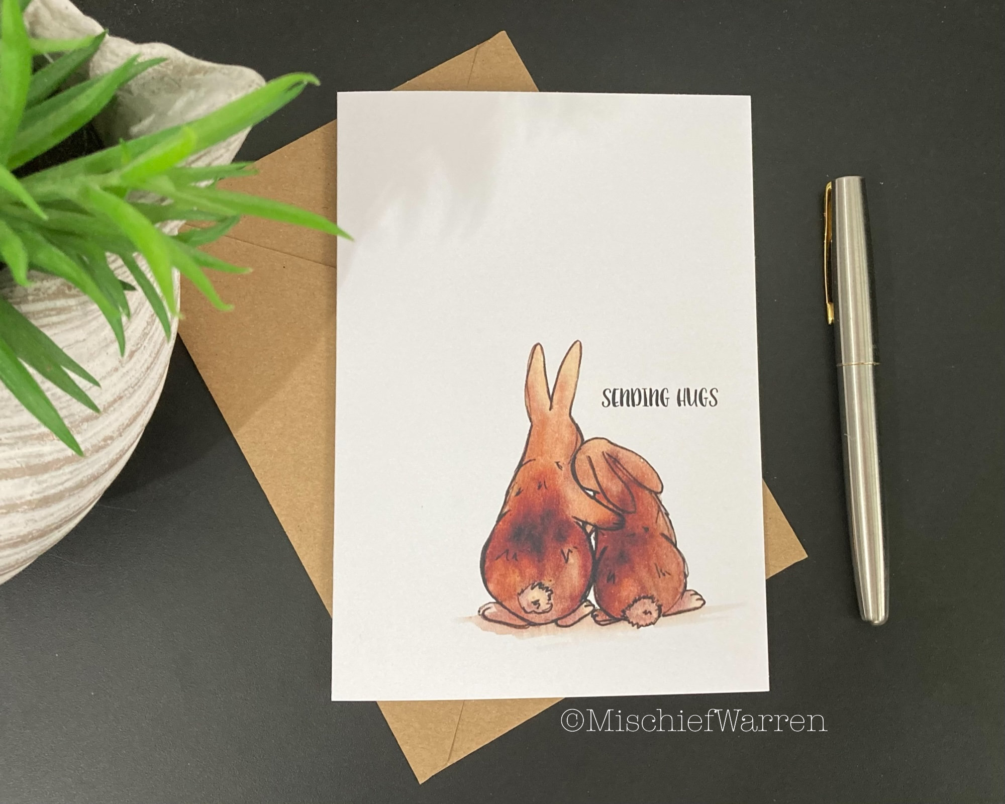 Sending Hugs card with rabbits. For emotional support for any occasion; divorce, illness or condolence, sympathy for loss perhaps.