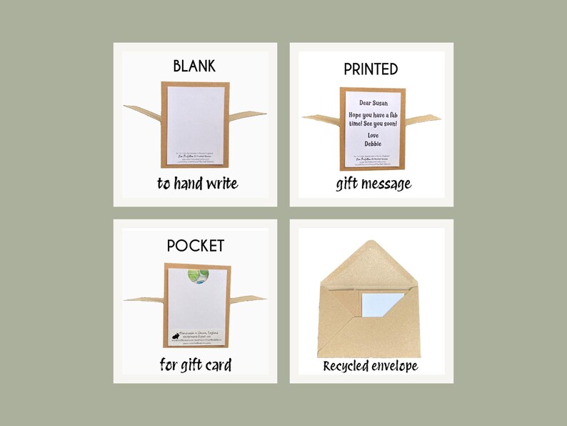Puede incluir: Cuatro im&aacute;genes que muestran opciones de tarjetas de felicitaci&oacute;n. Una est&aacute; en blanco, etiquetada como "para escribir a mano". Otra est&aacute; impresa con un mensaje, etiquetada como "mensaje de regalo". Una tercera es una tarjeta de bolsillo, etiquetada como "para tarjeta de regalo". La &uacute;ltima es un sobre reciclado.
