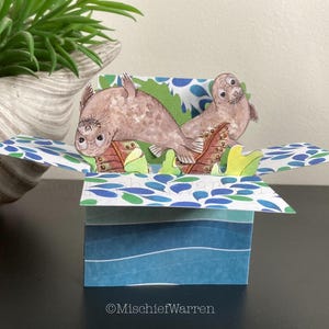 Seehunde Karte. 3D Meerestiere Karte. Blank oder personalisiert; Geburtstag, Muttertag, Vatertag, Weihnachten usw. Geschenkkartenhalter.