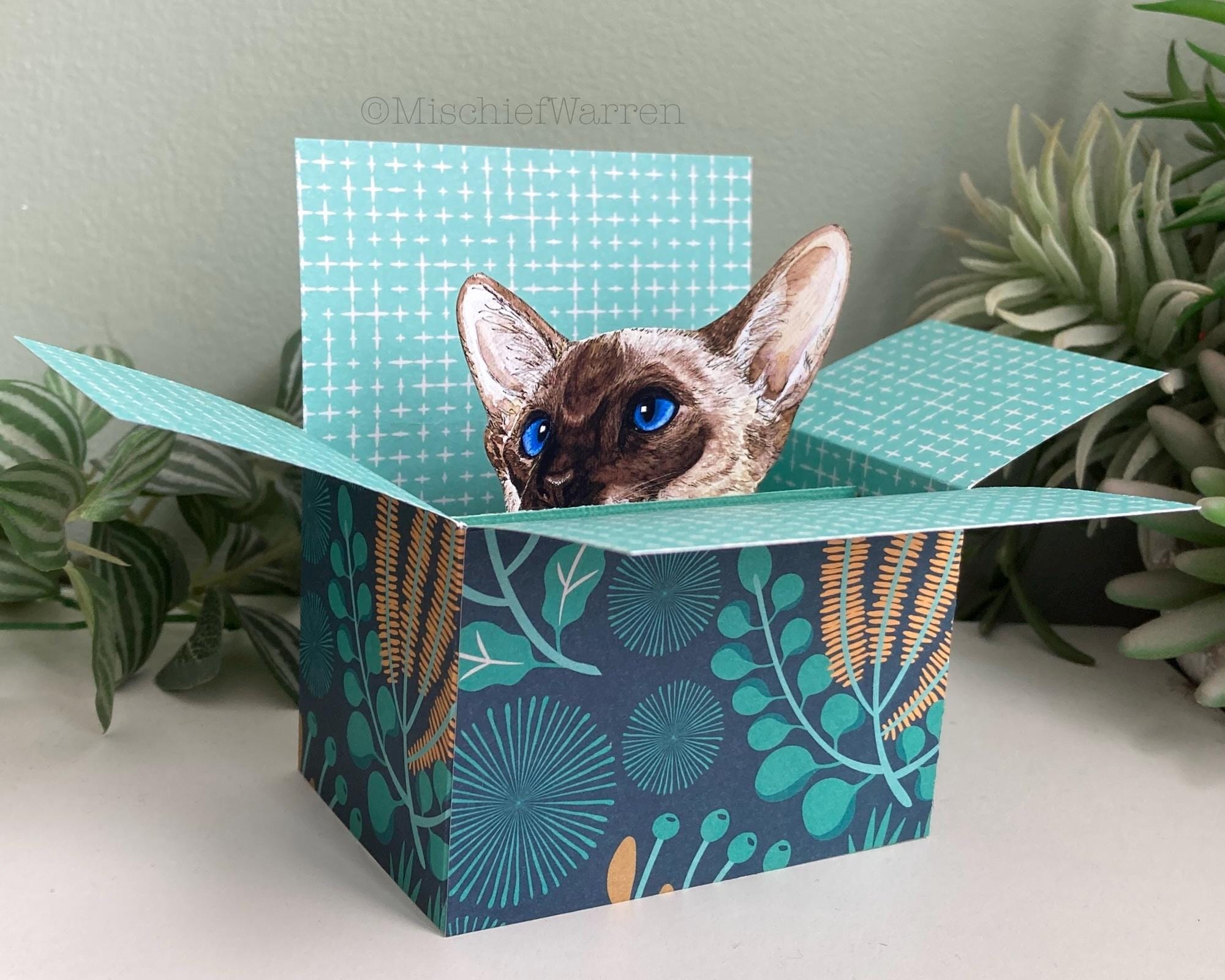 Siamese Cat Card: Handmade 3D Box. Gift card holder.