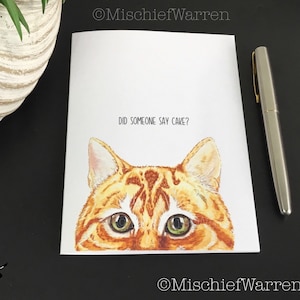 Ginger tabby cat card ~ Did someone say cake? Handmade blank birthday or celebration card. Funny art card for cat lover.