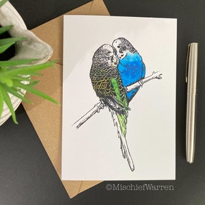 Budgie Card. Personalised for any occasion; anniversary, wedding, birthday, mothers or fathers day perhaps. Budgerigar birds art card.