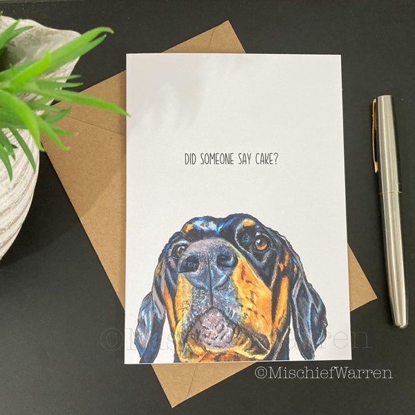Doberman dog card. Did someone say cake? Handmade blank birthday or celebration card. Funny art card for dog lover.