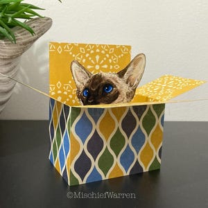 Carte de chat siamois. Le chat original dans une boîte. Vierge ou personnalisée ; anniversaire, merci, fête des mères ou des pères. Porte-cartes cadeau 3D.