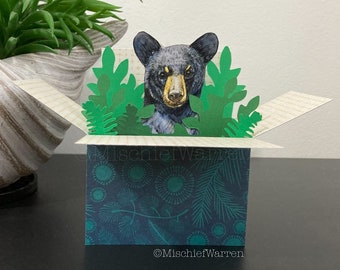 Black Bear Card. 3D box card, blank or personalised for; Birthday, Mothers or Fathers Day, Wedding, Anniversary Christmas. Gift card holder.