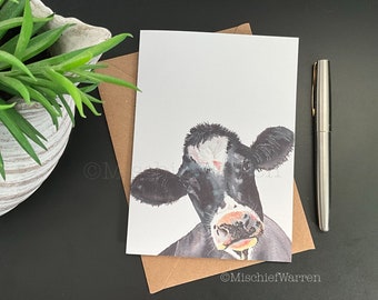 Friesian Cow Card. Black + white cow art card; blank or personalised for any occasion: birthday, fathers day, etc
