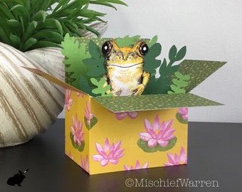 Carte boîte 3D grenouille. Vierge ou personnalisée pour ; anniversaire, fête des mères, fête des pères, merci. Porte-cartes cadeau pour amateur d'amphibiens.