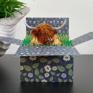Highland Kuh Karte. Leere oder personalisierte 3D-Boxkarte; Ostern, Muttertag, Vatertag, Geburtstag. Geschenkkartenhalter. Schottische Coo-Karte.