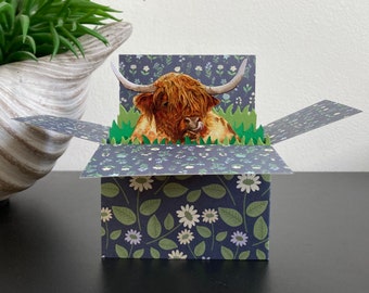 Highland Cow Card. Blank or personalised 3D box card; Easter, Mother’s Day, Father’s Day, Birthday. Gift card holder. Scottish coo card.