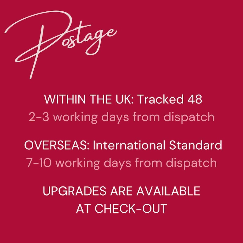 May include: A red background with white text. The word "Postage" is written in a cursive font at the top. Below, text details shipping options within the UK and overseas, including delivery times.