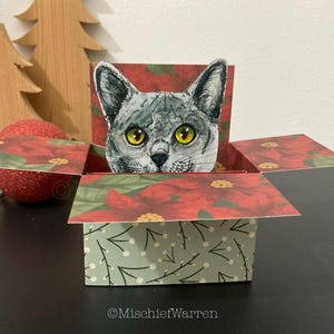 Graue Katze Weihnachtskarte. 3D Katzenbox Karte, personalisiert. Weihnachtsgeschenkkartenhalter.