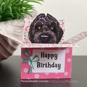 Black Cockapoo Labradoodle Box Card. Blank or personalised for; birthday, easter, mothers or Father’s Day. Gift card holder.