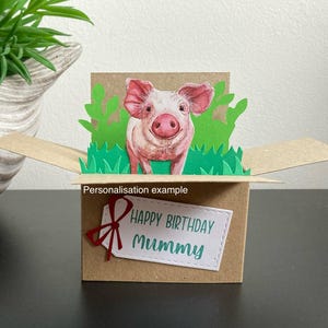 Schwein Karte. 3D-Box-Karte personalisiert für; Geburtstag, Ostern, Muttertag, Vatertag, Hochzeit, Jubiläum. Geschenkkartenhalter.