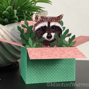 Pretty Raccoon 3D Box Card. Handmade, blank and can be personalised for any occasion. Gift card holder.