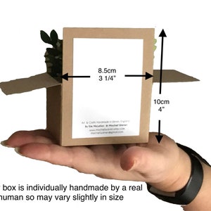 Pu&ograve; includere: Una piccola scatola di cartone aperta, tenuta in mano, con dimensioni di 8,5 cm di larghezza e 10 cm di altezza. La scatola contiene un piccolo elemento decorativo verde e marrone. Il testo sulla scatola recita: "Ogni scatola &egrave; fatta a mano individualmente da un essere umano reale, quindi pu&ograve; variare leggermente nelle dimensioni."