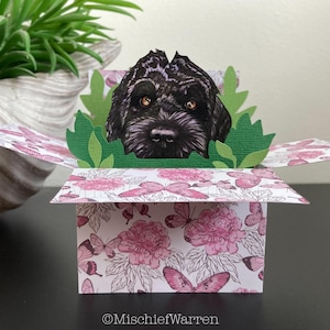 Carte cockapoo noir. Carte boîte 3D, vierge ou personnalisée pour ; Anniversaire, fête des mères ou des pères, mariage, anniversaire. Porte-cartes cadeau.
