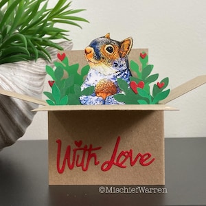 Karte mit Eichhörnchen. 3D Box Karte. Valentinstag, Geburtstag, Mutter- oder Vatertag, Hochzeit, Geschenkkartenhalter.