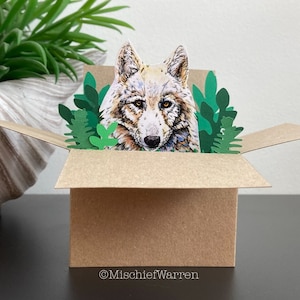 Carte de loup blanc. Carte boîte 3D. Vierge ou personnalisée ; Anniversaire, mariage, fête des mères, fête des pères, Noël. Porte-cartes cadeau.